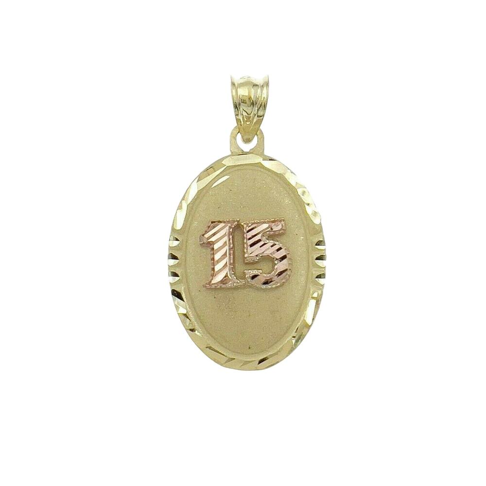Quinceanera 15 Anos Birthday Pendant Oval Charm 10k Yellow Gold